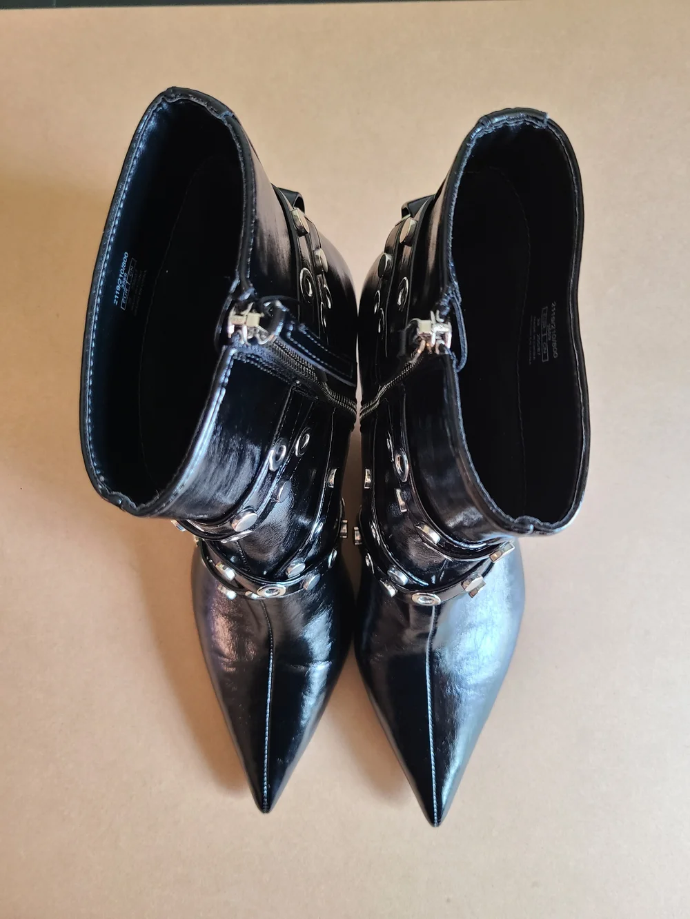 Zara Black Pointed-Toe Grommet Strap Ankle Booties